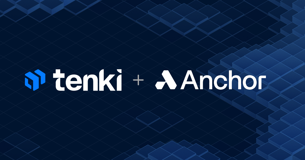 The Tenki and Anchor logos joined by a plug connector, over a dark blue isometric cube field