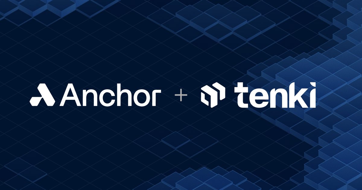 The Anchor and Tenki logos joined by a plus sign, over a dark blue isometric cube field