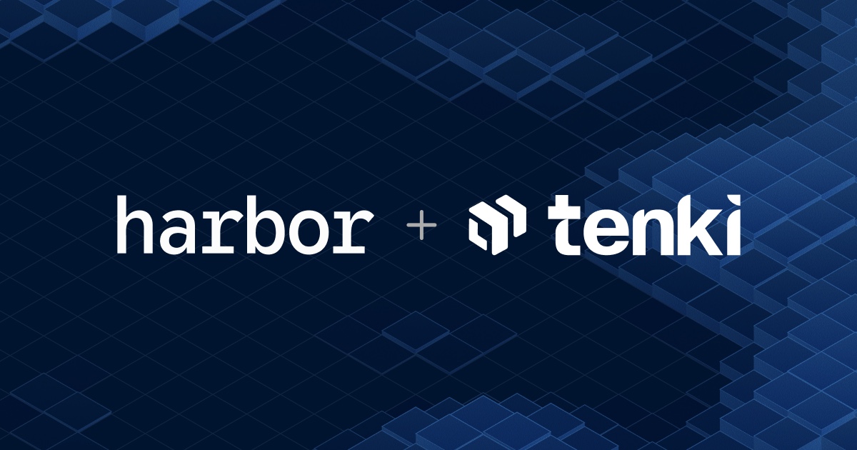 The Harbor and Tenki logos side by side, joined by a plus sign, over a dark blue isometric cube field