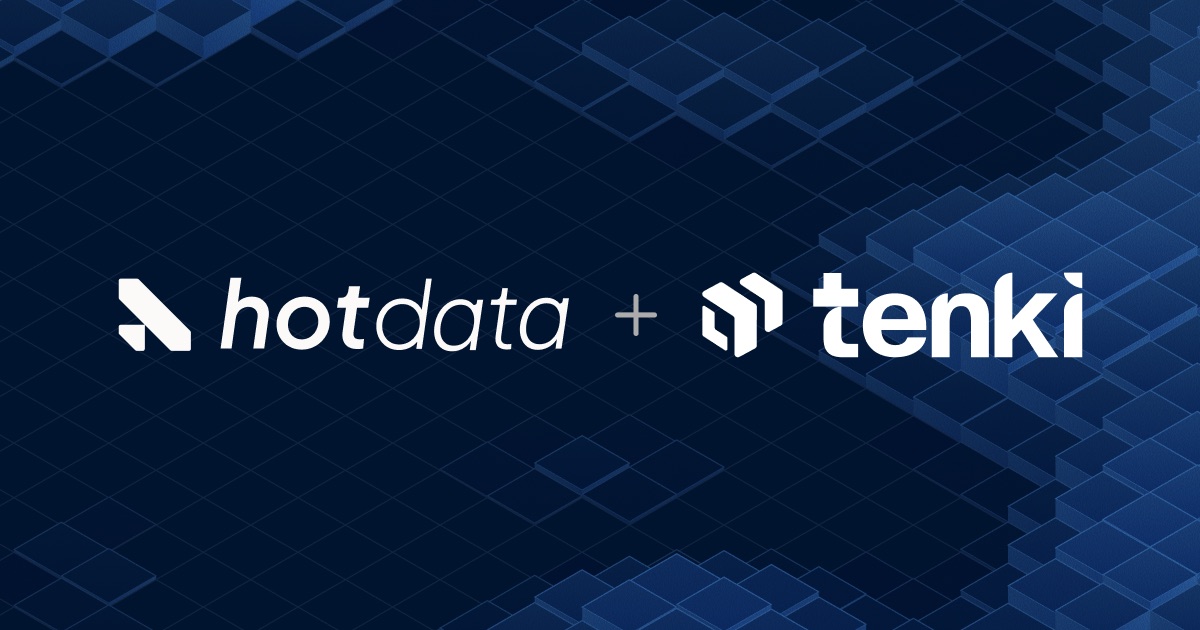 The Hotdata and Tenki logos joined by a plus sign, over a dark blue isometric cube field