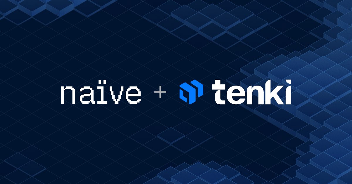 The Naïve and Tenki logos joined by a plus sign, over a dark blue isometric cube field