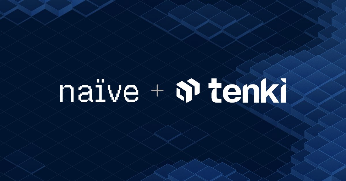 The Naïve and Tenki logos joined by a plus sign, over a dark blue isometric cube field