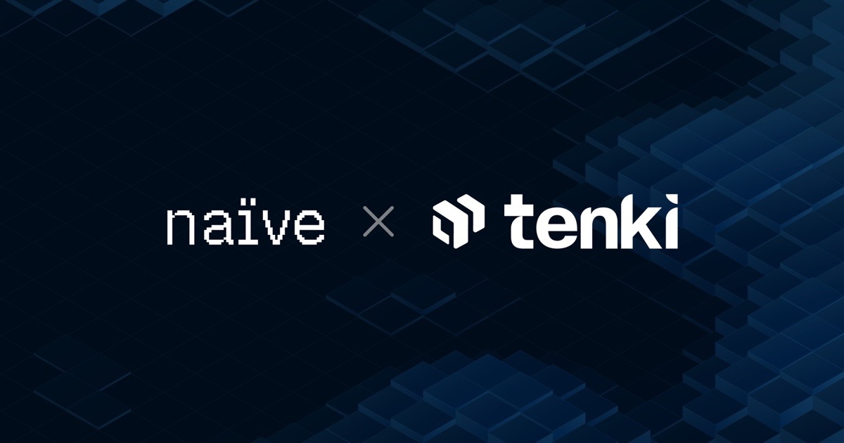 The Naïve and Tenki logos side by side, joined by a multiplication sign, over a dark blue isometric cube field