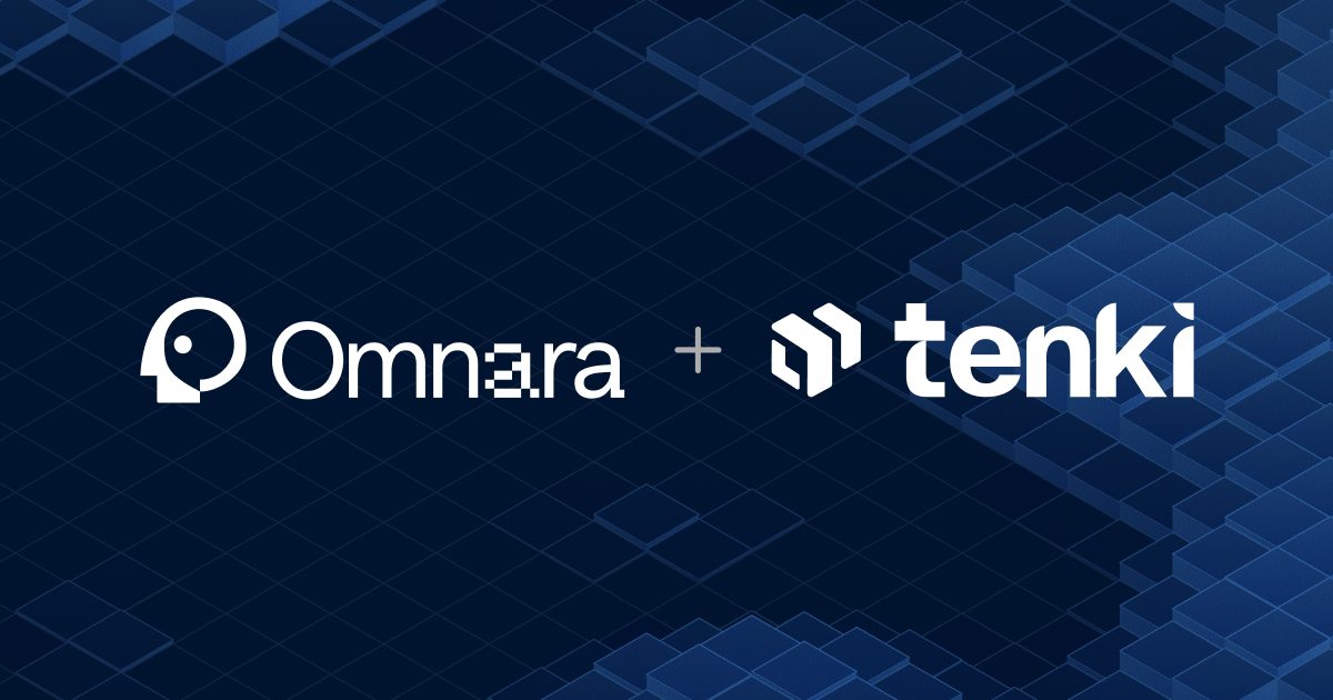 The Omnara and Tenki logos side by side, joined by a plus sign, over a dark blue isometric cube field