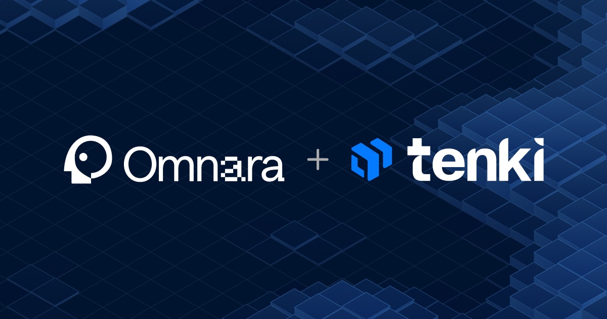 The Omnara and Tenki logos side by side, joined by a plus sign, over a dark blue isometric cube field