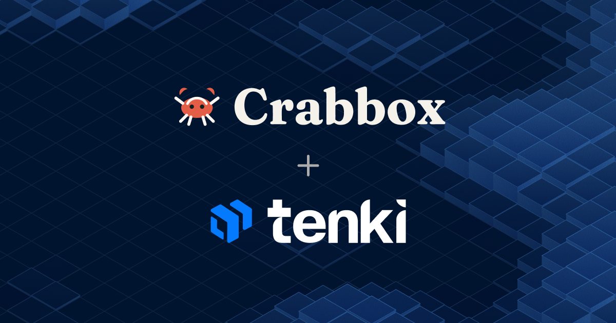 The Crabbox logo above the Tenki logo, joined by a plus sign, over a dark blue isometric cube field