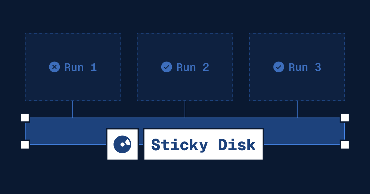Isometric illustration of glowing blue disk stacks slotting into a row of runner blocks on a dark grid