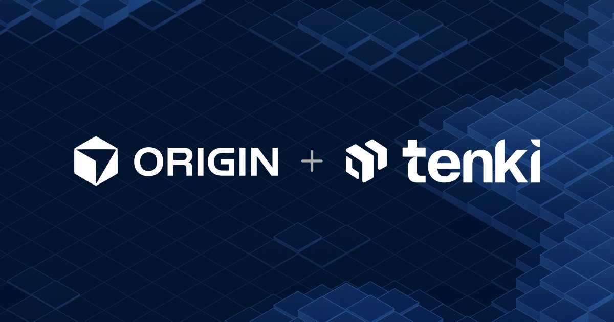 The Origin and Tenki logos side by side, joined by a plus sign, over a dark blue isometric cube field