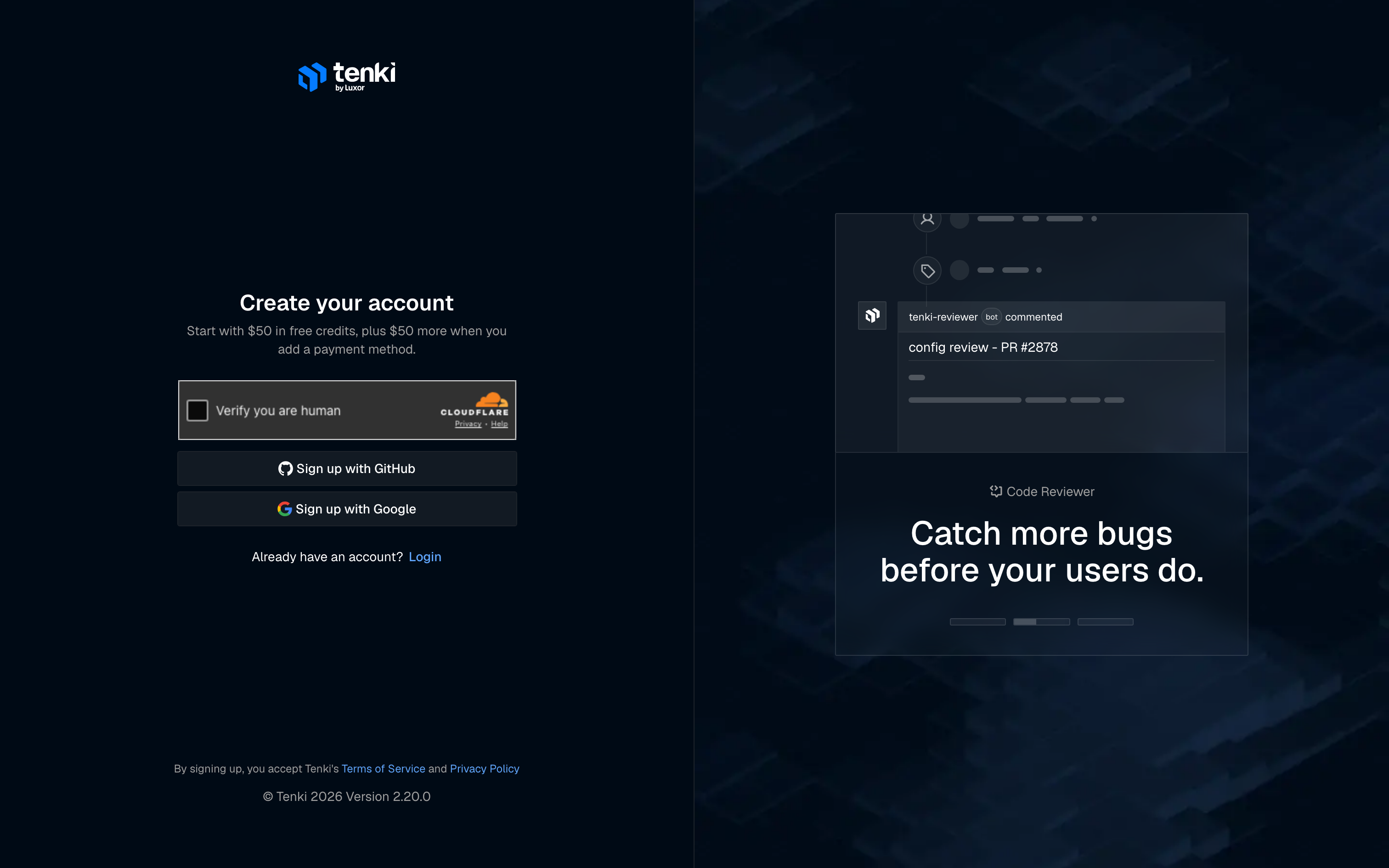 Tenki registration page with GitHub and Google sign-up options